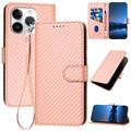 iPhone 15 Pro Premium Wallet Hülle mit Riemen - Kohlefaserstruktur - Carbon Pink