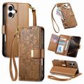 iPhone 16 Wallet Hülle mit Blumen und Blattmuster mit Reißverschlusstasche & Handgelenkband
