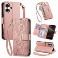 iPhone 16 Wallet Hülle mit Blumen und Blattmuster mit Reißverschlusstasche & Handgelenkband - Rosa