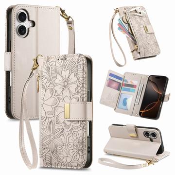 iPhone 16 Wallet Hülle mit Blumen und Blattmuster mit Reißverschlusstasche & Handgelenkband - Weiß