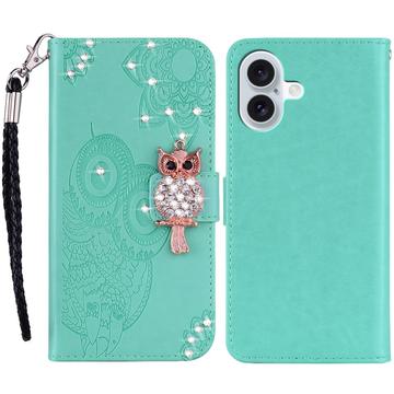 iPhone 16 Eule Strass Wallet Hülle - Cyan