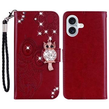 iPhone 16 Eule Strass Wallet Hülle - rot