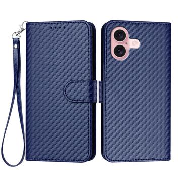 iPhone 16 Premium Wallet Hülle mit Riemen - Kohlefaserstruktur - Carbon blau