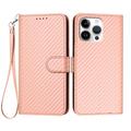 iPhone 16 Pro Max Premium Wallet Hülle mit Riemen - Kohlefaserstruktur - Carbon Pink