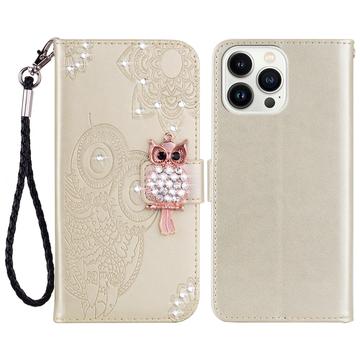 iPhone 16 Pro Eule Strass Wallet Hülle - Gold