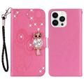 iPhone 16 Pro Eule Strass Wallet Hülle - Hot Pink