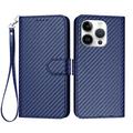 iPhone 16 Pro Premium Wallet Hülle mit Riemen - Kohlefaserstruktur - Carbon blau