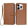 iPhone 16 Pro Premium Wallet Hülle mit Riemen - Kohlefaserstruktur - Carbon Kaffee