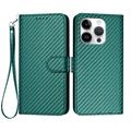 iPhone 16 Pro Premium Wallet Hülle mit Riemen - Kohlefaserstruktur - Carbon Grün