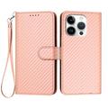 iPhone 16 Pro Premium Wallet Hülle mit Riemen - Kohlefaserstruktur - Carbon Pink