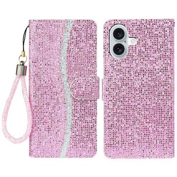 iPhone 16 Stilvolle Glitzer Wallet Hülle - Rosa