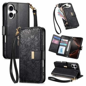 iPhone 17 Wallet Hülle mit Blumen und Blattmuster mit Reißverschlusstasche & Handgelenkband - Schwarz
