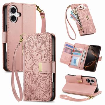 iPhone 17 Wallet Hülle mit Blumen und Blattmuster mit Reißverschlusstasche & Handgelenkband - Rosa