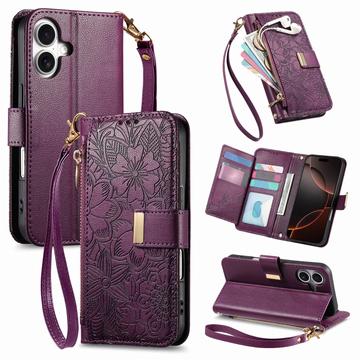 iPhone 17 Wallet Hülle mit Blumen und Blattmuster mit Reißverschlusstasche & Handgelenkband - Lila