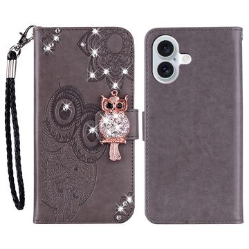 iPhone 17 Eule Strass Wallet Hülle - grau