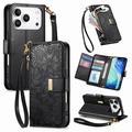 iPhone 17 Pro Max/18 Pro Max Wallet Hülle mit Blumen und Blattmuster mit Reißverschlusstasche & Handgelenkband - Schwarz