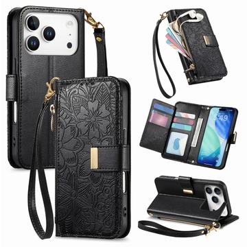 iPhone 17 Pro Max Wallet Hülle mit Blumen und Blattmuster mit Reißverschlusstasche & Handgelenkband