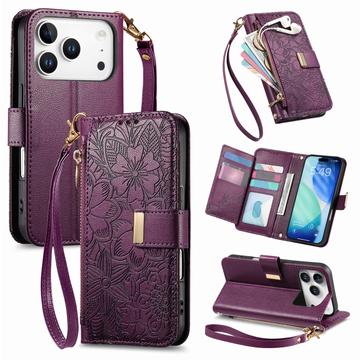 iPhone 17 Pro Max Wallet Hülle mit Blumen und Blattmuster mit Reißverschlusstasche & Handgelenkband - Lila