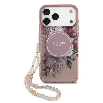 iPhone 17 Pro Max Guess IML Flowers Hülle mit Perlenband - Pink