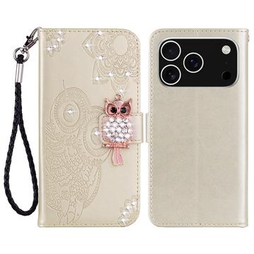 iPhone 17 Pro Max Eule Strass Wallet Hülle - Gold