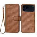 iPhone 17 Pro Max Premium Wallet Hülle mit Riemen - Kohlefaserstruktur - Carbon Kaffee