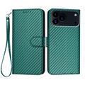iPhone 17 Pro Max Premium Wallet Hülle mit Riemen - Kohlefaserstruktur - Carbon Grün