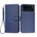 iPhone 17 Pro Premium Wallet Hülle mit Riemen - Kohlefaserstruktur - Carbon blau