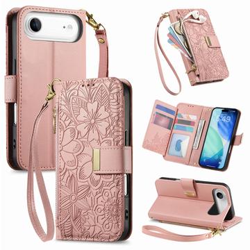 iPhone Air Wallet Hülle mit Blumen und Blattmuster mit Reißverschlusstasche & Handgelenkband - Rosa