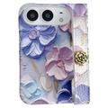 iPhone Duo-Hülle mit geprägten Aquarellblumen und Handschlaufe - Blau