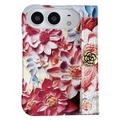 iPhone Duo-Hülle mit geprägten Aquarellblumen und Handschlaufe - Rot